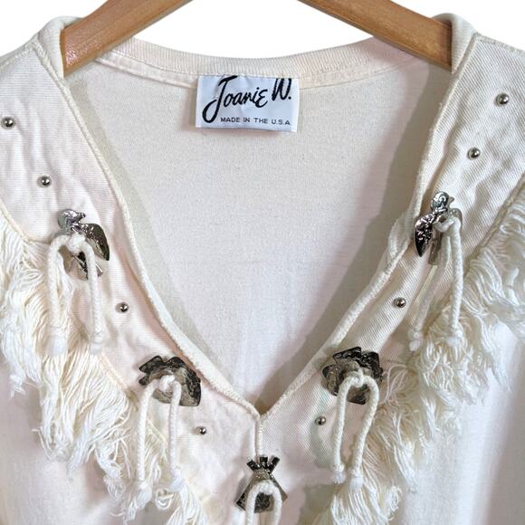 Joanie W. Vintage Southwestern Ivory White Concho Fringe Women’s Oversized Top - Picture 5 of 11
